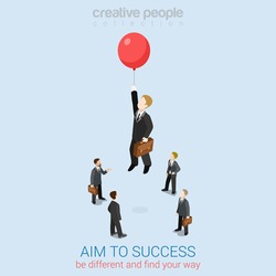 Aim to success flat 3d web isometric infographic business concept vector template. Businessman fly up away high on balloon. Creative people collection.