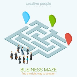 Business maze puzzle flat 3d web isometric infographic concept vector template. Find your way to solution. Group pf businessmen near entrance. Creative people collection.