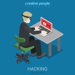 Flat 3d isometric style hacker attack intruding laptop computer internet web system crack password security concept web infographics vector illustration. Creative people website conceptual collection.