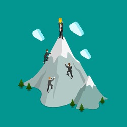 Flat 3d isometric mountain climb top winner trophy concept web infographics vector illustration. Creative people collection.