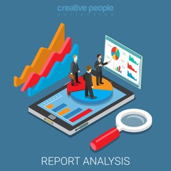Mobile report analysis tool app flat 3d isometry isometric business concept web vector illustration. Businessmen standing on pie graphic tablet. Creative people collection.