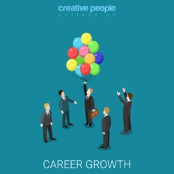 Career growth job change flat 3d isometry isometric business headhunting concept web vector illustration. Businessman fly out from crowd on balloons. Creative people collection.