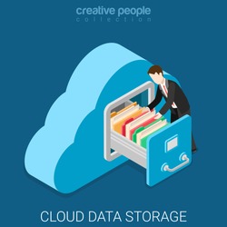 Cloud data storage flat 3d isometry isometric business technology server concept web vector illustration. Businessman put in document drawer folder in cloud-shaped cabinet. Creative people collection.
