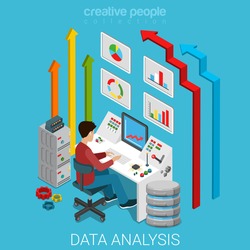 Data analysis flat 3d isometry isometric marketing business technology concept web vector illustration. Casual man working with server computer management interface button remote controller and arrows