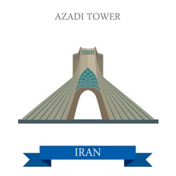 Azadi Tower in Tehran, Iran. Flat cartoon style historic sight showplace attraction web site vector illustration. World countries cities vacation travel sightseeing Asia collection.