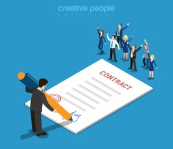 Flat 3d web isometric contract signature and casual micro people infographic concept vector. Little happy joyful business people paper sheet businessman signing. Creative people collection.