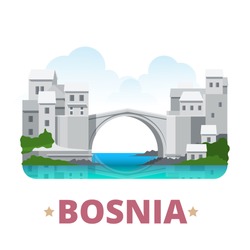 Bosnia and Herzegovina country design template. Flat cartoon style web site vector illustration. World vacation travel sightseeing Europe European collection. Stari Most aka Old Bridge in Mostar.