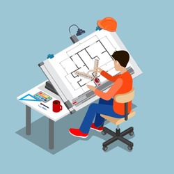 Flat style isometric 3d drawing architect board table multipurpose vector illustration. Man creator drafting. Architectural desk for sketching. Large sheet of paper, ruler architect workplace