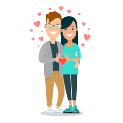 Couple of young man and woman vector flat style love illustration. Casual girl, guy, family holding hearts around. Romance and Saint Valentine's Day concept