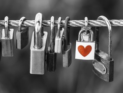 Padlocks with heart shape on rope bridge over black and white background, Valentines day concept.