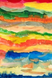 multicolored stripes of colorful watercolor. painted textured paper with watercolor paints. background or backdrop of children abstract art handmade diy painting