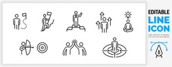Editable line icon set of stick figure character in black outline illustration about people reaching their ambition and goal by achieving the next step in their career going up and doing it together
