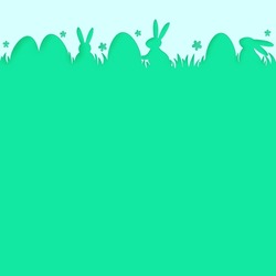 Easter eggs and bunnies on blue background. Paper cut design with copyspace. Vector illustration