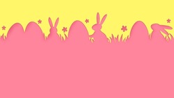 Easter eggs and bunnies on yellow background. Paper cut design with copyspace. Vector illustration
