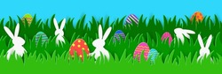Colourful Easter banner with bunnies and painted eggs hidden in spring grass. Paper cut decoration. Vector illustration