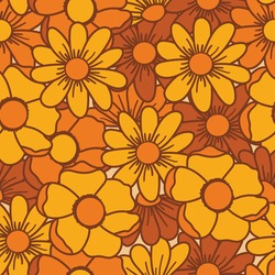 70's inspired floral seamless vector pattern. This pattern included browns and yellows represented in a bold way. Great for fabrics and packaging