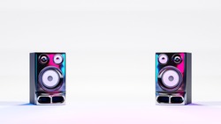 High fidelity stereo loudspeakers on white background and neon lights. Digital 3D render.