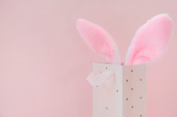 A soft pink Easter bag with Easter decor (bunny ears, eggs, willow branches) on a pink background. The concept of shopping for Easter.