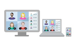 Video conference Teams call with remote workers joining a virtual business meeting across multiple devices. People group on screen.