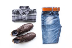 Men's casual outfits with black plaid shirt, blue jeans, man clothing and accessories travel items on white background