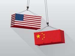 USA and China trade war concept, port crane lift two cargo containers.