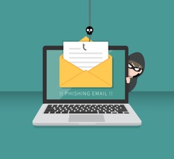 Email data phishing with cyber thief hide behind Laptop computer. Hacking concept. 