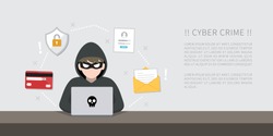 Hacker with laptop computer stealing confidential data, personal information and credit card detail. Hacking concept.