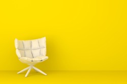 Modern white chair in yellow living room. Minimal style concept. pastel color style.