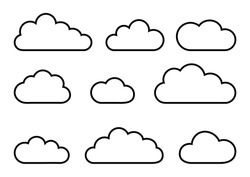Different clouds line art isolated on white background. Vector illustration