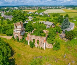 Rudamina Lord of conversion Church ruins in VIlnius district, aerial drone view