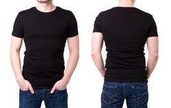 Black t shirt on a young man template on white background
