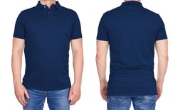T-shirt design - young man in blank dark blue polo shirt from front and rear isolated