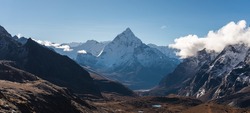 Panoramic landscape of Ama Dablam mountain peak, most famous peak in Everest base camp trekking route, Himalaya mountains range in Nepal, Asia