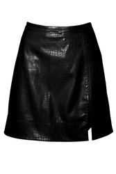 Leather mini a-line black fashionable street style skirt in mini length isolated on the white background, ghost mannequin photo