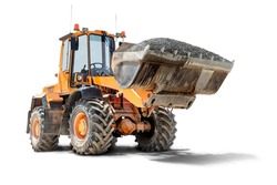 A large front loader transports crushed stone or gravel in a bucket at a construction site. Transportation of bulk materials. Isolated loader on a white background