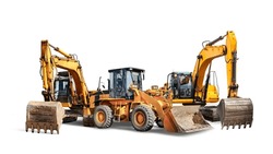 Two crawler excavators and bulldozer loader close-up on a white isolated background.Construction equipment for earthworks. element for design