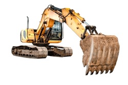 Crawler excavator with extended boom and big bucket isolated on white background. Powerful excavator with an extended bucket close-up. element for design. Rental of construction equipment