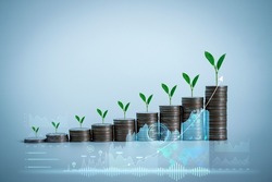 Stacking of coins with plants growing on top for financial and business background. Savings and Accounts, Finance Banking Business Ideas, Investments, Funds, Bonds, Dividends and Interest