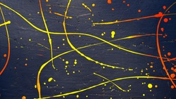 abstract oil color yellow color splatter paint on dark blue texture background. color paint texture background design