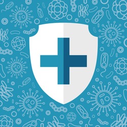 Virus protection. White shield for text on a blue background surrounded by viruses and bacteria. Vector illustration isolated for design and web.