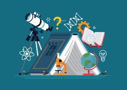Cool flat design graphic element on science camp with telescope, microscope, science themed graphic elements and a camping tent in the shape of open book