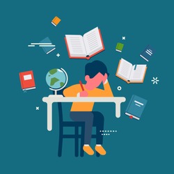 Student in learning process, abstract flat vector illustration. Kid sitting behind his desk studying, doing homework with open books around him
