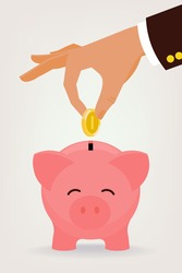 Vector modern flat illustration on hand putting coin into the money box | Happy piggy bank receiving a coin | Savings concept illustration