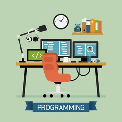 Vector modern flat design creative illustration on programming, coding, testing and debugging | Programmer workspace icon