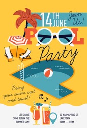 Creative modern flat design invitation on pool party with P letter shaped swimming pool, parasol umbrella, beach chairs and sample text