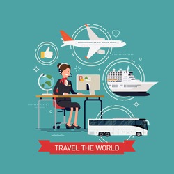 Travel the world vector concept layout with travel agency female character and tourism transport elements airway plane liner, seaway cruise passenger ship and coach bus 