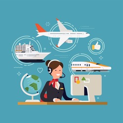 Friendly travel agent ready to serve in choosing and selling tour, cruise, airway or railway tickets or vacation package, flat design, vector. Concept illustration on travel and tourism