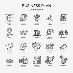 Cool vector set of 20 Business Plan themed icons and symbols featuring Market research, trend analysis, strategy, mission statement, action, SWOT research, operations, etc. Editable stroke