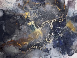Blue Abstract. Delicate Emerald. Alcohol Ink Splatter Star. Motley Ocean color Smudges. Navy blue spatter. Gold Marble Gouache drawn. Black Dirty. Ink Wash Pastel.