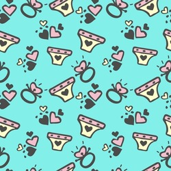 seamless pattern briefs, ring, heart symbol, gentle colors, turquoise, pink, yellow, gray outline